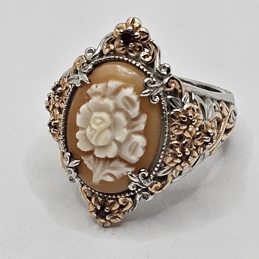 Genuine Handcarved Shell & Orange Sapphire Cameo 💍 Palladium Sterling Sz 9! - Picture 2 of 7